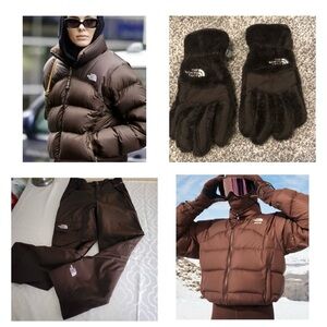 The North Face SET Brown Puffer Jacket, Gloves, & Pant Set